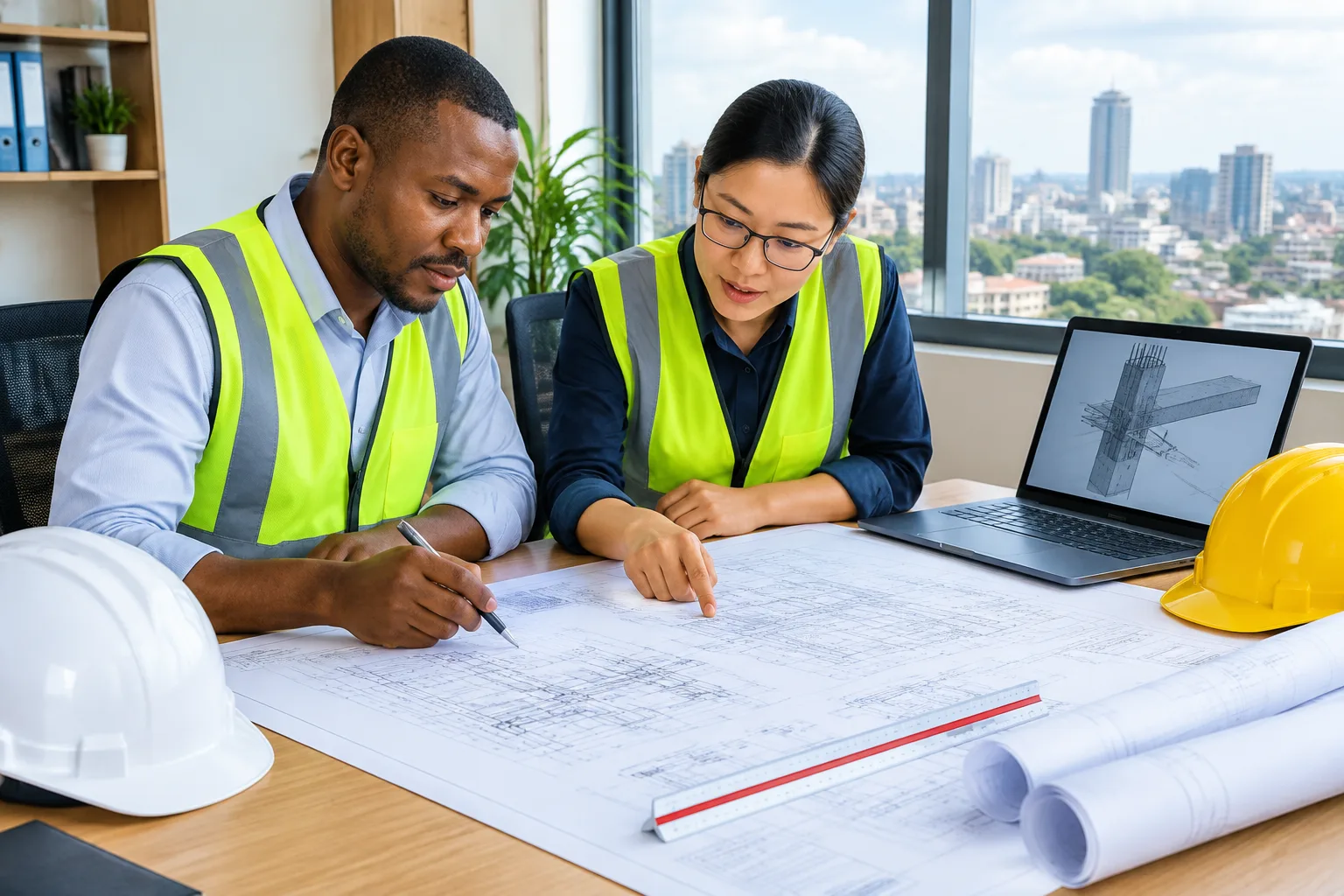 Chinese and Kenyan structural engineers collaborating in a Nairobi office